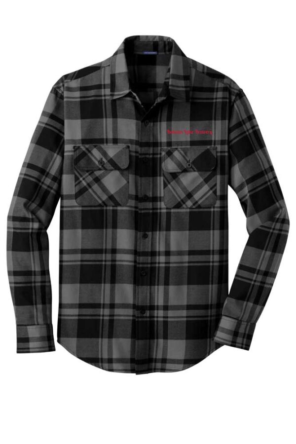 Black & Grey Flannel with red Balsam Lake Brewery writing