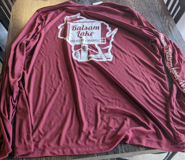 Maroon Fishing Shirt with balsam lake brewery & market logo on the back.