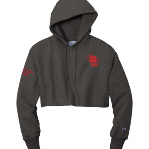 Grey cropped hoodie with red Balsam Lake Brewery Logo, and Balsam Lake Brewery written in red on the sleave