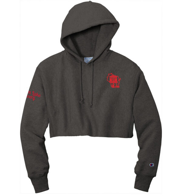 Grey cropped hoodie with red Balsam Lake Brewery Logo, and Balsam Lake Brewery written in red on the sleave