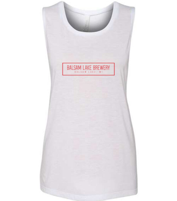 White Women's tank top with red Balsam Lake Brewery writing