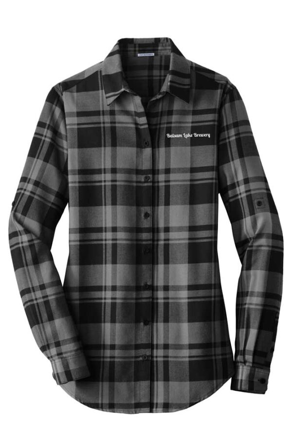 Black & Grey Womens flannel with white lettering "Balsam Lake Brewery"