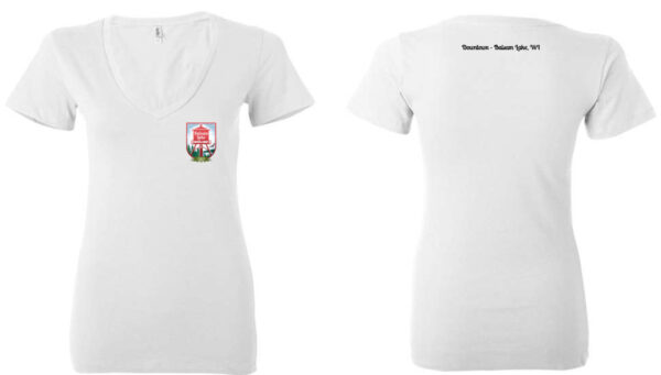 Womens White VNeck t-shirt with Colored Balsam Lake Brewery Logo on heart, on back written Downtown - Balsam Lake WI