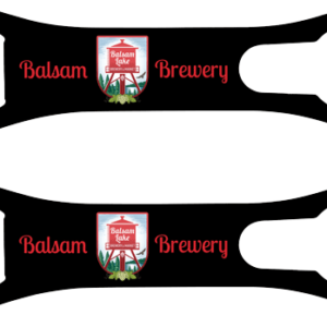 Two black and red bottle opener with Balsam Brewery in writing and the Balsam Lake Brewery Logo