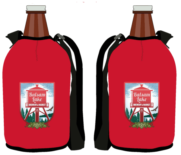 Two red beer bottles with the Growler Koozie logo on them.