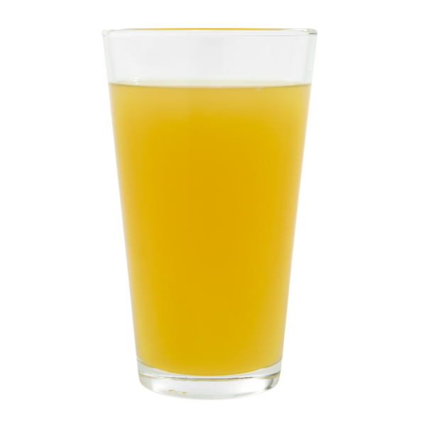 A glass of cloudy yellow Pineapple juice, against a black background.