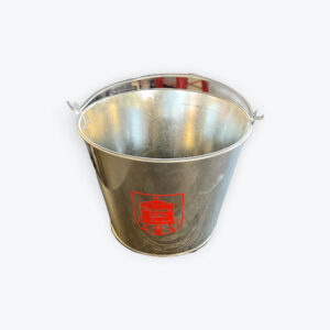 A 5 QT Galvanized Bucket with a red Budweiser Light logo on the front, featuring a handle at the top and a slightly reflective inner surface.