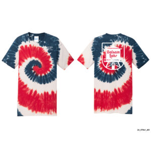 Front and back view of a Tie-Dyed Tee Rainbow Color featuring red, white, and blue spiral patterns. A logo with the text "Balsam Lake" and "Resort & Marina" is printed on the back.