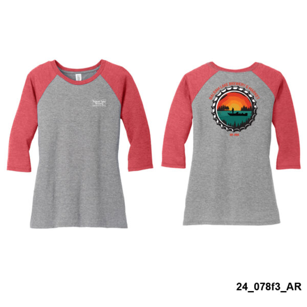 A Womens Red/Gray Tee w/ Bottle Cap with a logo on the front left chest and a large graphic of a sunset and trees on the back.