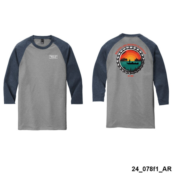 Men's Navy/Grey Tee w/ Bottle Cap. Front has small pocket logo on left chest. Back features large "Durango Bike Shop" logo with sun, mountains, and bicycle cog graphic.