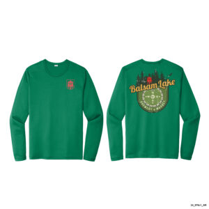 Men's Green Fishing Shirt, featuring a small shield emblem on the chest and a Balsam Lake design on the back with a map, compass, forest, and the text "Balsam Lake.