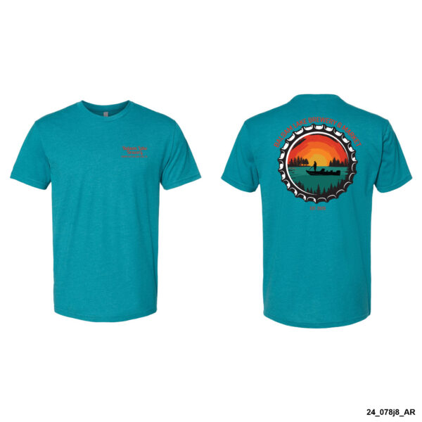 A Teal Tee W/ Bottle Cap featuring a small chest logo on the front and a large, colorful graphic of a sunset, trees, and a bottle cap on the back.