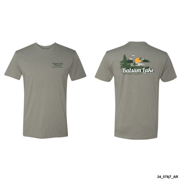 Stone Gray Tee W/ Angler featuring "Balsam Lake Resort" text on the front chest and a logo with an illustration of trees, a lake, and the text "Balsam Lake Resort & Marina" on the back.