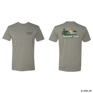 Stone Gray Tee W/ Angler featuring "Balsam Lake Resort" text on the front chest and a logo with an illustration of trees, a lake, and the text "Balsam Lake Resort & Marina" on the back.