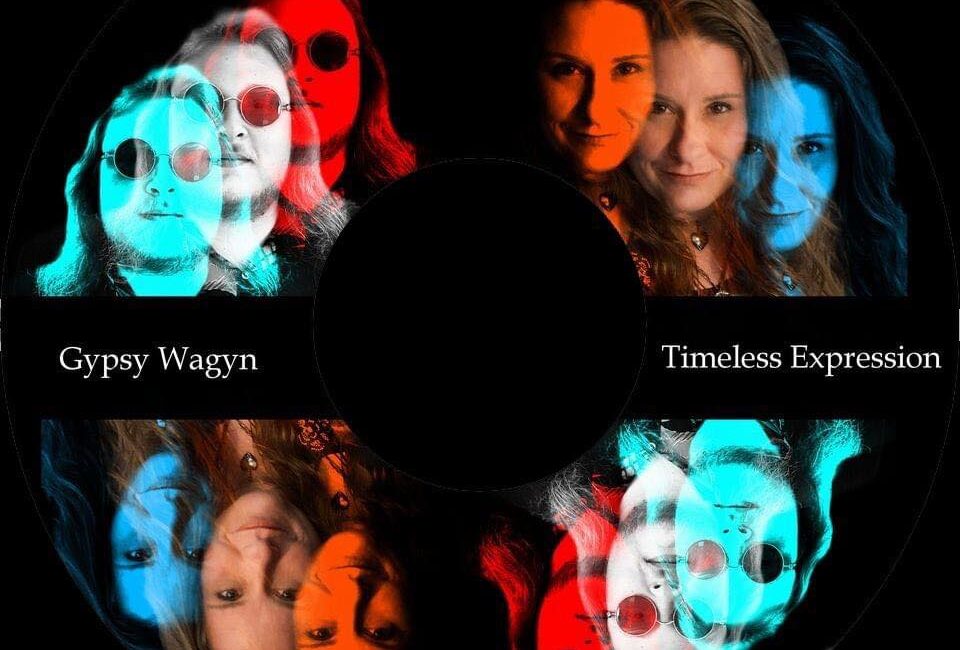 A cover image for "Gypsy Wagyn: Timeless Expression," featuring four mirrored pairs of two women with varied red, blue, and natural color effects around a central black circle.