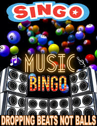 Colorful poster for "Singo," a music bingo event, featuring bingo balls, speakers, and musical notes. Text reads: "Dropping Beats Not Balls.