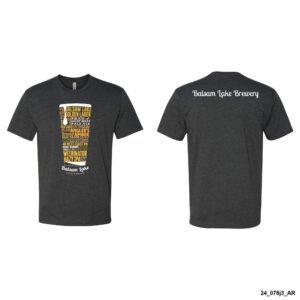 The Charcoal Tee W/ Pint Glass features a beer glass illustration with various beer names on the front, and the back displays "Balsam Lake Brewery," both in a dark gray color.