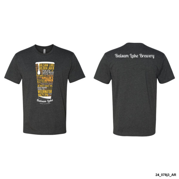 The Charcoal Tee W/ Pint Glass features a beer glass illustration with various beer names on the front, and the back displays "Balsam Lake Brewery," both in a dark gray color.