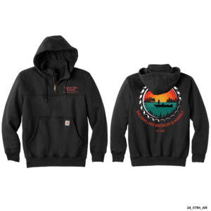 Carhartt Zip Sweatshirt in black, featuring a front pocket with the text "Balsam Lake Brewery & Market" on the front. The back showcases a vibrant circular landscape design accompanied by the same text and "Est. 2022".