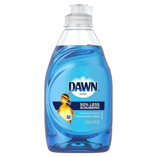 A bottle of Dawn Ultra Dish Soap Dishwashing Liquid Scent 7.5 featuring the label "50% less scrubbing" and an image of a duckling.