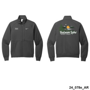 Front and back view of a dark gray Nike Sweatshirt w/ Sunset featuring the "Balsam Lake Brew & Market" logo and a lake scene on the back.